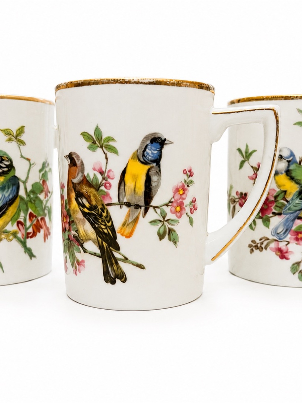 3 White Porcelain Bird-Illustrated Vintage Mugs with Gold Trim